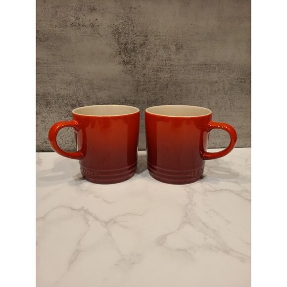 Le Creuset Stoneware Coffee Mugs 350ml Shiny Cerise Red Ombre Tea, Set of 2 NWT - Picture 1 of 9